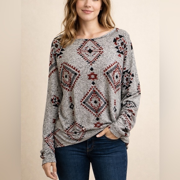 LJ Femme Tops - LJ Femme Aztec Print Long Sleeve Top. Extra Long Loose Sleeves.
